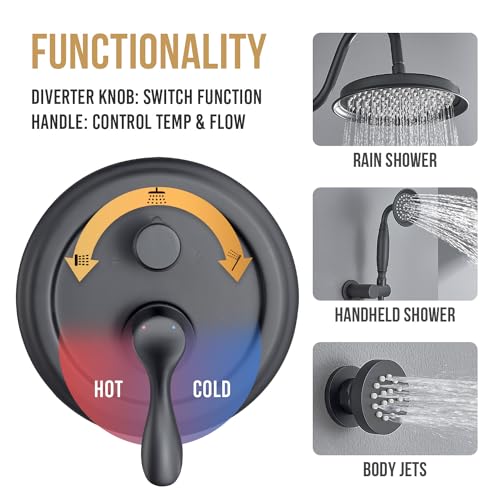 DASAN Antique Shower Faucet Sets Complete Rain Shower System in Wall with Body Shower Spray Jets, Matte Black Shower Fixtures with 9’’ Rainfall Overhead Shower, Handheld, Valve & Trim Kit, AT249W-MB - color: Matte Black