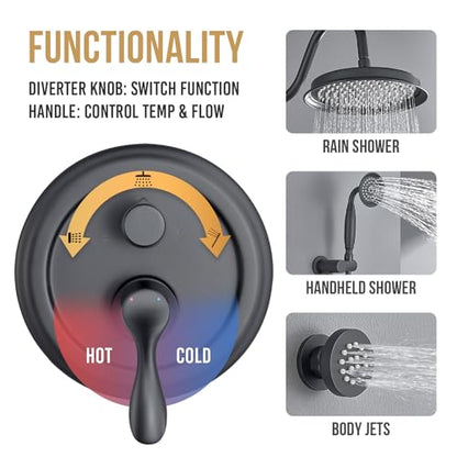 DASAN Antique Shower Faucet Sets Complete Rain Shower System in Wall with Body Shower Spray Jets, Matte Black Shower Fixtures with 9’’ Rainfall Overhead Shower, Handheld, Valve & Trim Kit, AT249W-MB - color: Matte Black