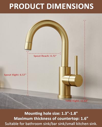 Tohlar Gold Bathroom Faucet with 2 Mode Sprayer | Single Hole Bar Sink Faucet, 360° Swivel, with Pop Up Drain, for Vanity RV Laundry - color: Brushed Gold