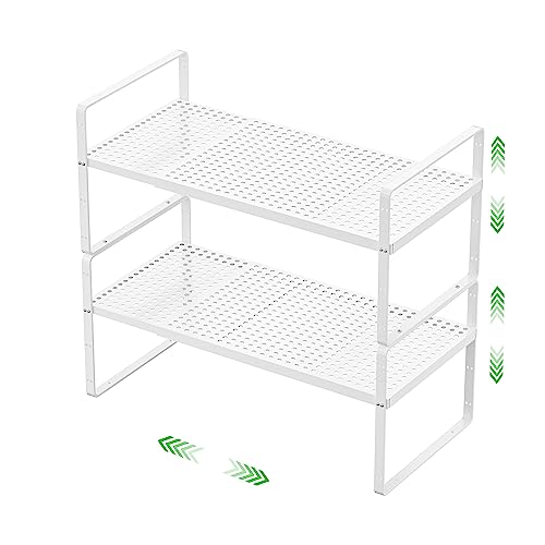 Expandable Cabinet Storage Shelf Stackable Organizer Rack for Kitchen Bathroom Pantry Spice Cupboard Coffee Countertop Home Office Desk Heavy Duty Nonslip White Large 2 Packs - color: White 2 Packs, size: Large - 10.2"W x (16.5"-27.1")L x 9.8"H