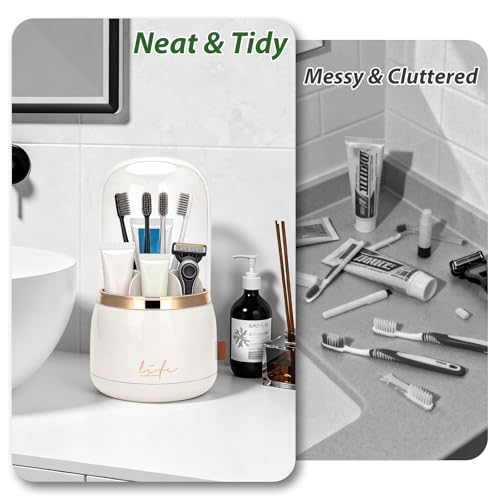 360 Rotating Toothbrush Holders for Bathrooms, 7-Slot Toothbrush Holder with Cover & Drainage, Bathroom Countertop Organizer for Electric Toothbrushes, Toothpaste & Makeup Brushes - color: Beige