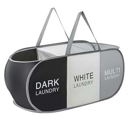 Pop Up Laundry Hamper 3 Section, Collapsible Laundry Basket with Carry Handles for Home, Laundry Room, Bedroom, Dorm, RV Travel (Black & Grey & Beige - 3 Compartments)