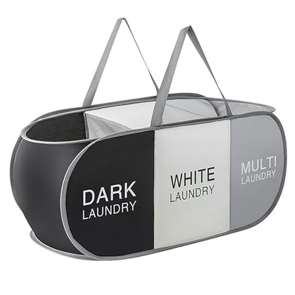 Pop Up Laundry Hamper 3 Section, Collapsible Laundry Basket with Carry Handles for Home, Laundry Room, Bedroom, Dorm, RV Travel (Black & Grey & Beige - 3 Compartments)