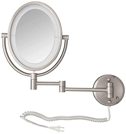 JERDON Lighted Wall-Mount Makeup Mirror - 10X/15X - Nickel - HL9515NL | Two-Sided 8" x 10" Oval Frame, 14" Wall Arm, LED, Plug-In Power - color: Nickel Plug in