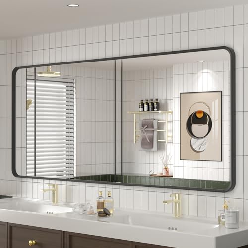 OKPAL 60X28 Inch Black Metal Framed Bathroom Mirror for Wall, Matte Black Bathroom Vanity Mirror, Large Rounded Rectangle Modern Mirror, Rustproof, Shatterproof (Horizontal/Vertical) - color: Matte Black, size: 60"L x 28"W