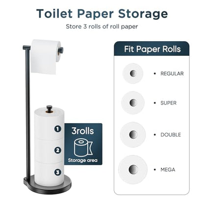 theaoo Heavy-Duty Toilet Paper Holder Stand, Bathroom Storage, Black | Freestanding Toilet Tissue Paper Roll Holder with Reserve Storage. Stainless Steel Stand For Bathroom, Holds Extra Rolls - color: Black