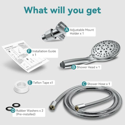 JDO High Pressure Handheld Shower Head, 6 Spray Settings, 4.3" High Flow Hand Shower Set with 59" Stainless Steel Hose and Adjustable Bracket for Bathroom Gym Hotel - color: Chrome Polished