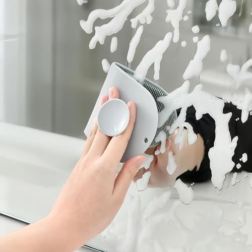 Sink Scrub Brush - Flexible Non Scratch Silicone Scrubber, Suction Cup Cleaning Tool, Built in Squeegee Cleaner | Scrubbing Brush for Bathroom Shower Glass Countertops - color: Gray