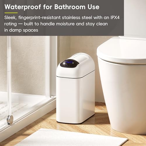 EKO Astro Slim Sensor Trash Can, 10L / 2.6 Gallon Touchless Garbage Bin with Soft-Close Retractable Wing Lid, Motion Sensor Stainless Steel Garbage Can for Bathroom, Kitchen, Office, Waterproof, White - size: Astro 10L-Matte White
