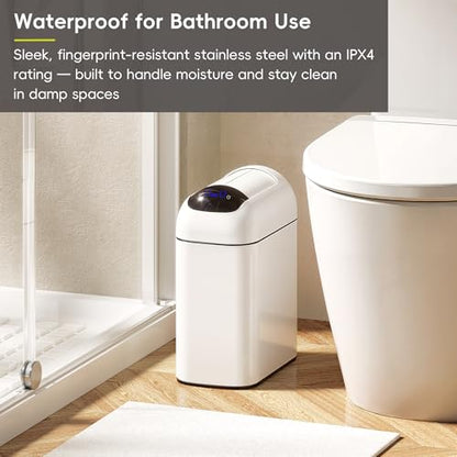 EKO Astro Slim Sensor Trash Can, 10L / 2.6 Gallon Touchless Garbage Bin with Soft-Close Retractable Wing Lid, Motion Sensor Stainless Steel Garbage Can for Bathroom, Kitchen, Office, Waterproof, White - size: Astro 10L-Matte White