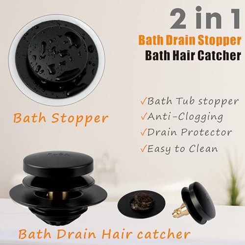 Tub Drain, 2 in 1 Pop-up Bathtub Plug with Hair Catcher | Easy Installation Bath Drain Stopper with Strainer, MATT Black - color: Matt Black