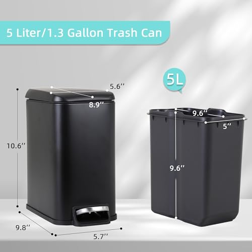 Small Bathroom Trash Can with Lid, 5 Liter/1.3 Gallon Stainless Steel Small Garbage Can with Removable Inner Bucket & Soft-Close Foot Pedal, Slim Trash Can for Bathroom, Bedroom, Office (Black) - color: Black, size: 1 Pack