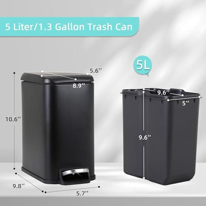 Small Bathroom Trash Can with Lid, 5 Liter/1.3 Gallon Stainless Steel Small Garbage Can with Removable Inner Bucket & Soft-Close Foot Pedal, Slim Trash Can for Bathroom, Bedroom, Office (Black) - color: Black, size: 1 Pack