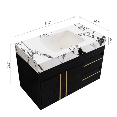 36" Floating Bathroom Vanity with Ceramic Sink and Faux Marble Top, Wall-Mounted Storage Cabinet with with 2 Drawers and 2 Door, Undermount Single Sink, White+Black - color: White+black