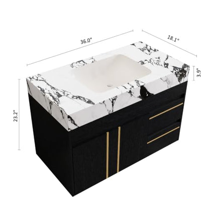 36" Floating Bathroom Vanity with Ceramic Sink and Faux Marble Top, Wall-Mounted Storage Cabinet with with 2 Drawers and 2 Door, Undermount Single Sink, White+Black - color: White+black