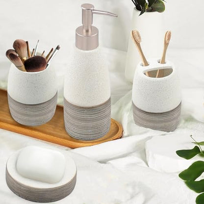 CERBIOR Bathroom Accessories Set,4 PCS Ceramic Bath Accessory,Grey White | Includes Toothbrush Holder, Toothbrush Cup, Soap Dish for Decorative Countertop and Housewarming Gift - style: White-Grey