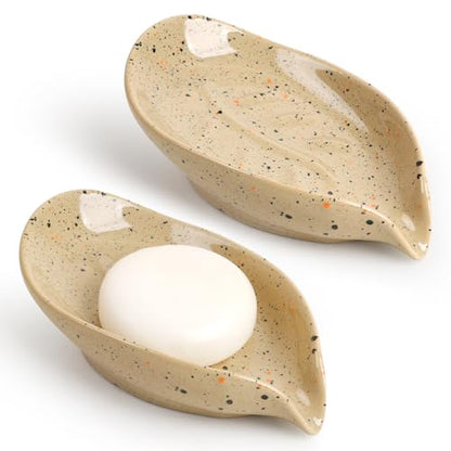Soap Dish, Self Draining Soap Dishes 2PCS, Leaf Shape Ceramic Bar Soap Holder Drain Soap Dishes for Bathroom Sink Shower Kitchen, Easy to Clean Keeps Soap Dry, ANTIS'S HOME - color: Lightcurry-2pcs-enhanced Draining