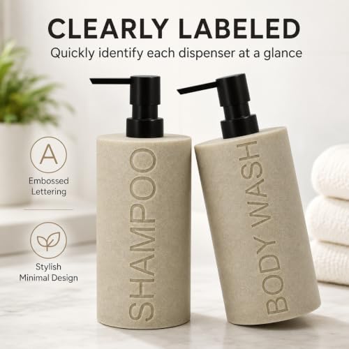 Resin 2 Pack Shampoo, Conditioner or Body Wash Dispenser Set, Luxurious Refillable Pump Bottles with Matte Pump Top and Embossed Text, Durable Design for Bathroom and Shower - color: Tan Shampoo & Body Wash