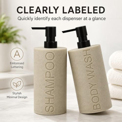 Resin 2 Pack Shampoo, Conditioner or Body Wash Dispenser Set, Luxurious Refillable Pump Bottles with Matte Pump Top and Embossed Text, Durable Design for Bathroom and Shower - color: Tan Shampoo & Body Wash