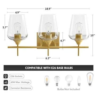 VONLUCE 3 Light Bathroom Vanity Light Fixture,Brushed Gold | Wine Glass Shades, E26 Sockets, Easy to install, Vanity Lights for Bathroom Bedroom Hallway Living Room - color: Gold, size: 3-Light