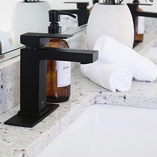 Matte Black Single Hole Bathroom Faucet, BF307-B | Modern Single Handle Bathroom Sink Faucet Vanity Faucet with Drain Assembly, Deck Plate Included - color: Black