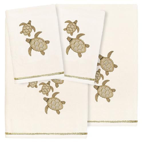 Jewel 4-Piece Premium Towel Set, Embroidered Turtles, Plush Turkish Cotton, Durable & Quick Dry, Elegant Beach Style, 2 Bath 2 Hand Towels, Beige - color: Beige, size: 2 Pcs Bath 2 Pcs Hand Towel