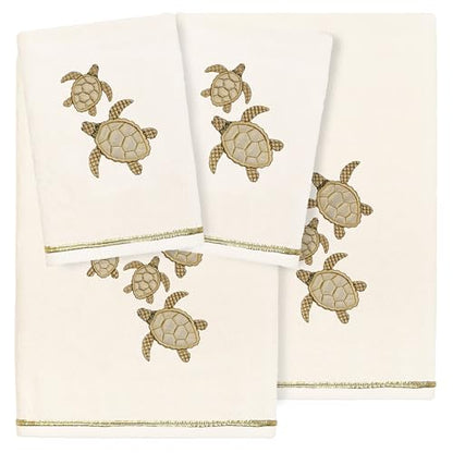 Jewel 4-Piece Premium Towel Set, Embroidered Turtles, Plush Turkish Cotton, Durable & Quick Dry, Elegant Beach Style, 2 Bath 2 Hand Towels, Beige - color: Beige, size: 2 Pcs Bath 2 Pcs Hand Towel