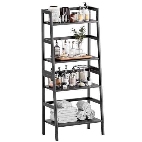 HITNET Black Bookshelf, 4-Tier Ladder Shelf, Freestanding Leaning Bookcase with Bamboo Shelves, Space Saving Flower Plant Stand for Small Space - color: Black