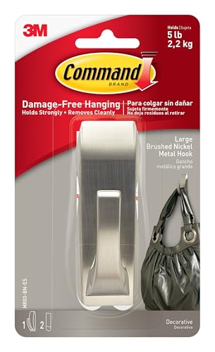 Command Modern Reflections Large Hook, 1 Hook, 2 Strips | Decorative Wall Hook For Hats, Bags, Dog Leashes, And Accessories, Damage Free Hanging, For Doors, Cabinets, And Closets - color: Brushed Nickel, size: Large