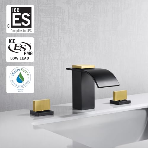 SUMERAIN 8" Widespread Bathroom Faucet 3 Hole Waterfall Basin Faucet Black and Gold Finish - color: Black and Gold