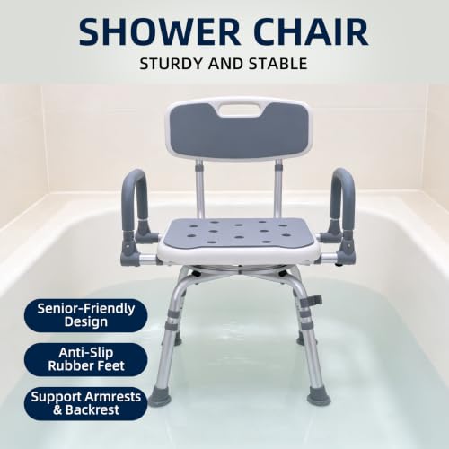 Swivel Shower Chair with Arms and Back for Elderly and Disabled | 400 lbs Heavy Duty Shower Stool with Flip-Up for Inside Shower,Adjustable Height Shower Seat for Bathroom,Light Gray - color: Light Gray