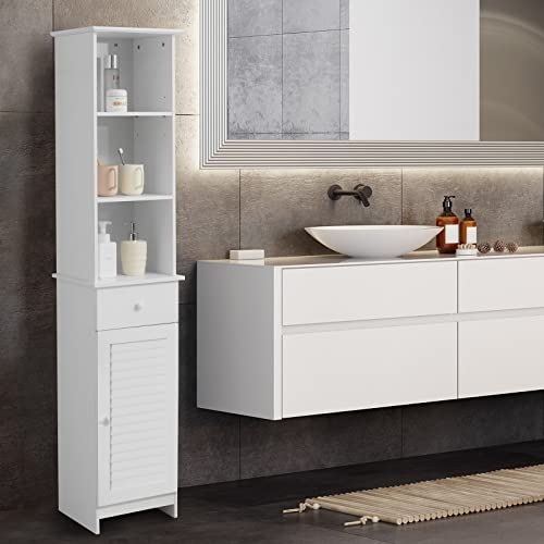 Tangkula Tall Bathroom Cabinet, Slim Storage Cabinet with 3 Tier Shelf, Drawer & Enclosed Narrow Floor Linen Tower Adjustable Shelves for Living Room, 13.5 x 12 64.5 Inches White