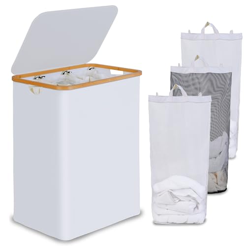 efluky Laundry Hamper with Lid, Trio Laundry Basket with 2 Removable Bags, 3 Section Laundry Bin with Bamboo Handles for Bathroom, Bedroom & Laundry Room, 160L (42.3 Gallon) White - color: White, size: 160L Trio