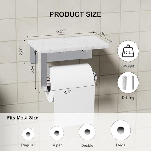 Chrome Toilet Paper Holder with Marble Shelf Tissue Roll Holder | 304 Stainless Steel Wall Mounted Toilet Paper Roll Holder Screw-Mounted Tissue Holder for Bathroom Washroom by BATHLAVISH - color: Chrome