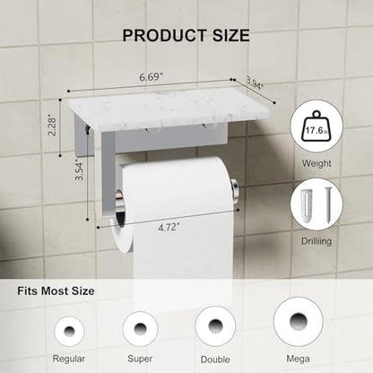 Chrome Toilet Paper Holder with Marble Shelf Tissue Roll Holder | 304 Stainless Steel Wall Mounted Toilet Paper Roll Holder Screw-Mounted Tissue Holder for Bathroom Washroom by BATHLAVISH - color: Chrome