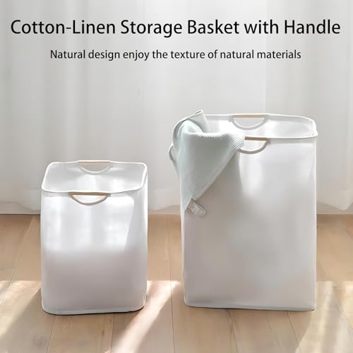 Collapsible Laundry Hamper Bag with Wooden Handles - 36L/8 Gallon Capacity Waterproof Oxford Cloth Storage Basket, Freestanding No Wire Frame, for Dorm Room, Bedroom, Bathroom (Small-White) - size: Small-White