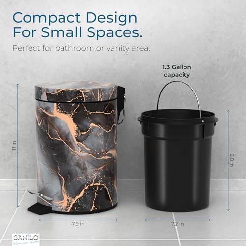 Sanilo Small Bathroom Trash Can with Lid [1.3 Gallon], Lidded Tiny Trashcan for Garbage, Mini Metal Bin with Soft Closing Mechanism, Bath Room Accessoire Wastebin with Inner Bucket (Marble Abstract) - color: Marble Abstract