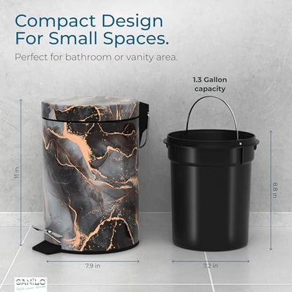 Sanilo Small Bathroom Trash Can with Lid [1.3 Gallon], Lidded Tiny Trashcan for Garbage, Mini Metal Bin with Soft Closing Mechanism, Bath Room Accessoire Wastebin with Inner Bucket (Marble Abstract) - color: Marble Abstract