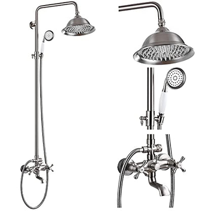 gotonovo Exposed Shower System with Spout,Brushed Nickel,No Shower Shelf | Brass Shower Faucet Set,8’’ Rain Head with Handheld Spray,Swivel Tub Spout,2 Cross Handle,6’’ Hole Distance,Adjustable Height - color: Nickel