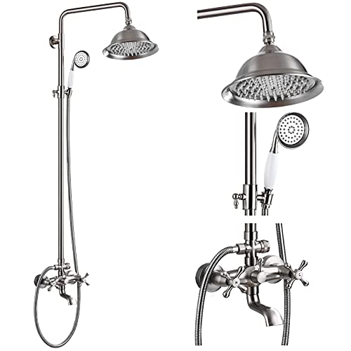 gotonovo Exposed Shower System with Spout,Brushed Nickel,No Shower Shelf | Brass Shower Faucet Set,8’’ Rain Head with Handheld Spray,Swivel Tub Spout,2 Cross Handle,6’’ Hole Distance,Adjustable Height - color: Nickel