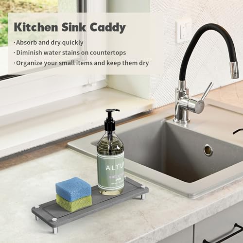 Kitchen Sink Caddy, Diatomite Water Absorbing Stone Tray, Grey | Bathroom Vanity & Countertop Organizer, Ideal Faucet Drying Mat, Coaster, Soap Dish & Sponge Dispenser Holder - color: Grey
