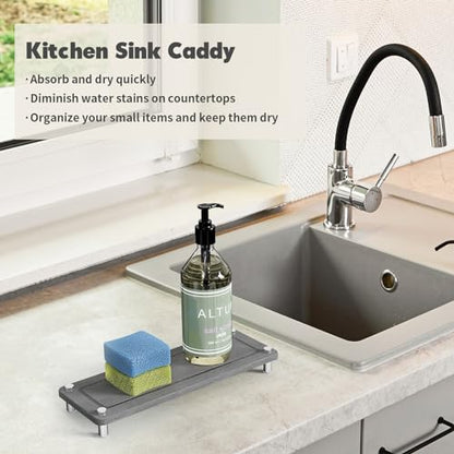 Kitchen Sink Caddy, Diatomite Water Absorbing Stone Tray, Grey | Bathroom Vanity & Countertop Organizer, Ideal Faucet Drying Mat, Coaster, Soap Dish & Sponge Dispenser Holder - color: Grey