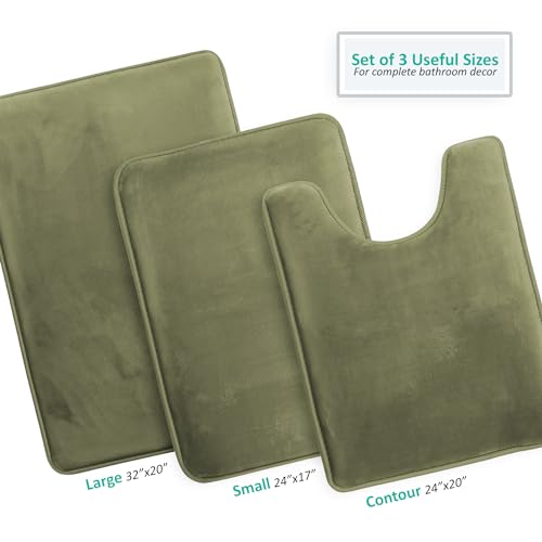 Clara Clark 3 Piece Bathroom Rugs Bath Mat Set, Velvet Memory Foam Bath Mats for Bathroom - Non-Slip, PVC Backing Bath Rugs, Washable - Dries Quickly, Green - color: Sage Green