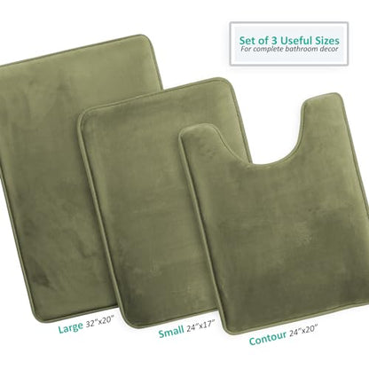 Clara Clark 3 Piece Bathroom Rugs Bath Mat Set, Velvet Memory Foam Bath Mats for Bathroom - Non-Slip, PVC Backing Bath Rugs, Washable - Dries Quickly, Green - color: Sage Green