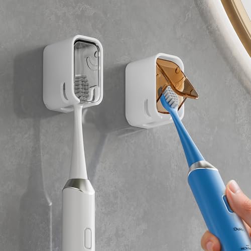 MOPMS Single Slot Toothbrush Holders Wall Mounted with Cover for Bathrooms | 2PCS Toothbrush Cover for Shower, Single Toothbrush Dispenser Storage Organizer for Family & Travel - color: Grey+brown