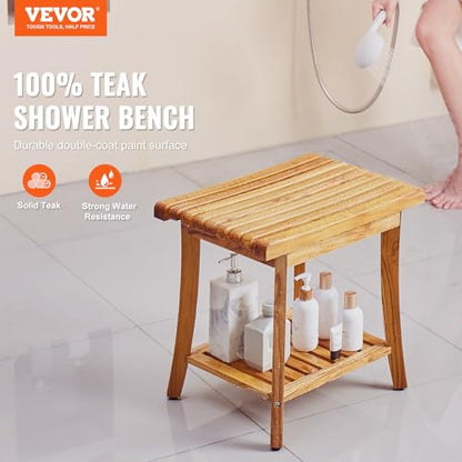 VEVOR Teak Shower Bench, 20in Waterproof Wood Shower Stool with Storage Shelf Non-Slip Foot Pads, 400 lbs Load Capacity Shower Chair Seat, for Bathroom Indoor and Outdoor Use - size: 20in