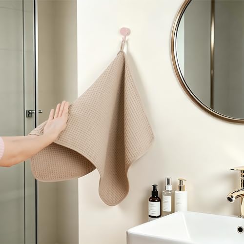 POLYTE 430 GSM Poly Blend Microfiber Quick Dry Waffle Hand Towel, 16x30 in | 4 Pack, Oversize, Lint Free, Quick Dry, Hanging Loop - color: Beige