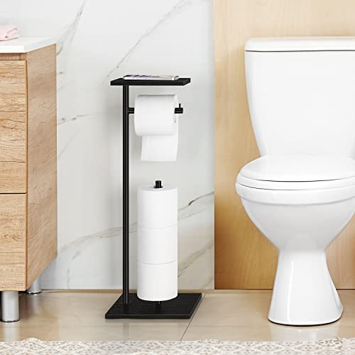 Black Toilet Paper Holder Stand FreeStanding Toilet Paper Storage Holder with Shelf Bathroom Floor Toilet Paper Roll Holder Stand Up Tissue Toilet Paper Dispenser Holds 4 Reserve Rolls - color: Black