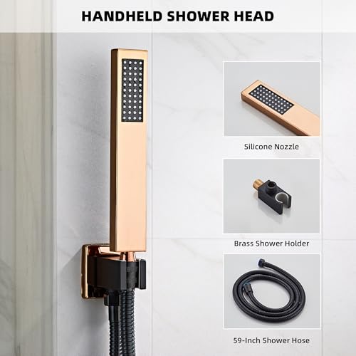 Shower Faucet Set with Tub Spout, Matte Black and Rose Gold Rainfall Shower System Complete Wall Mounted for Bathroom with 10 Inch Square Shower Head and Handheld Shower Head Rain Mixer Combo - color: Matte Black+Rose Gold, style: 10 Inch with Tub Spout
