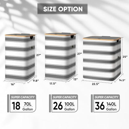 BALEINE Laundry Hamper with Lid, Tall Laundry Baskets with Bamboo Pull Handles, Large Laundry Bin with Internal Support (18 Gal/70L, Grey Stripe) - color: Grey Stripe, size: 70 liters